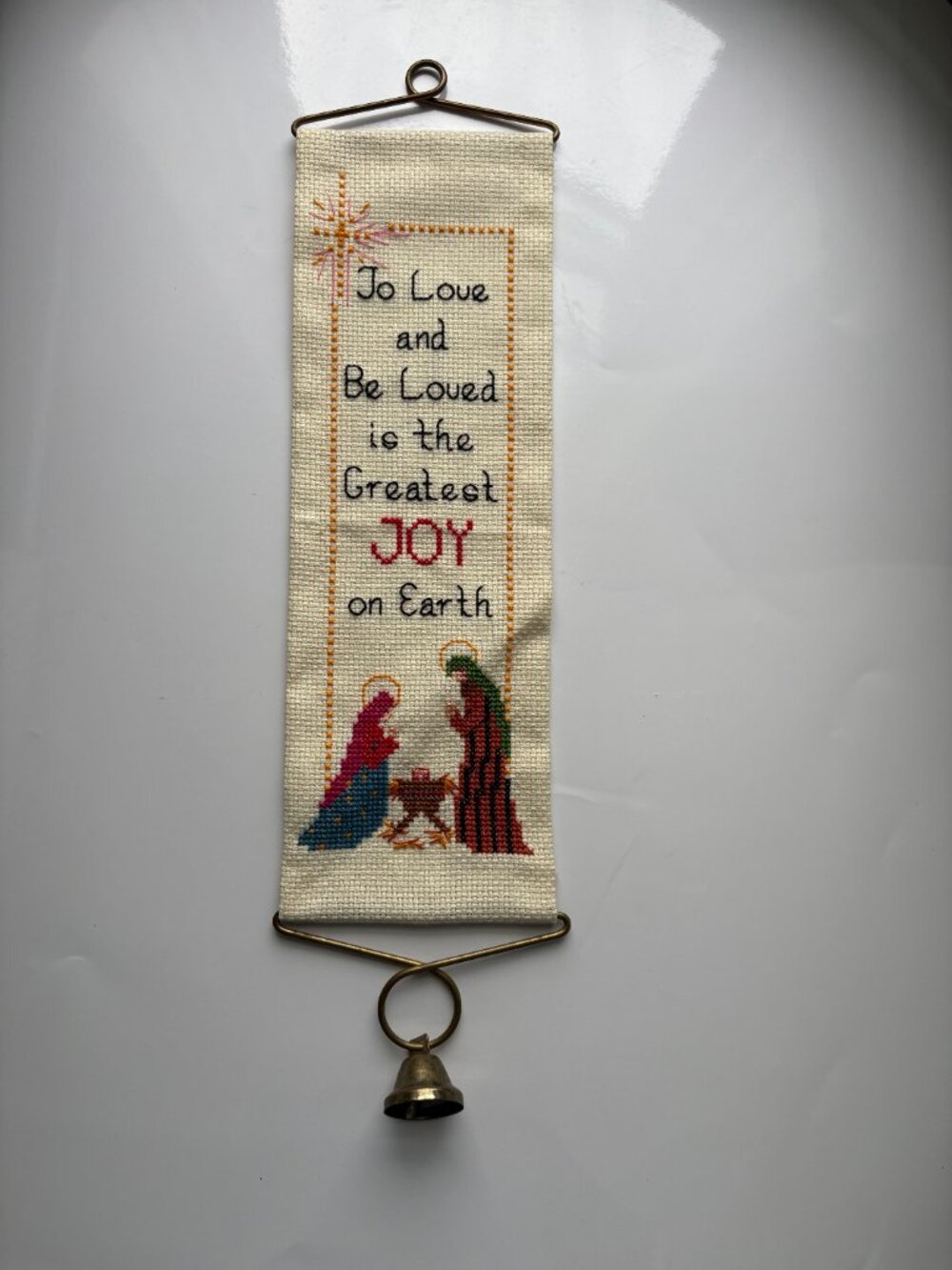 Vintage Handmade Cross Stitch Nativity Wall Hanging with Brass Hanger & Bell – C - Picture 6 of 6